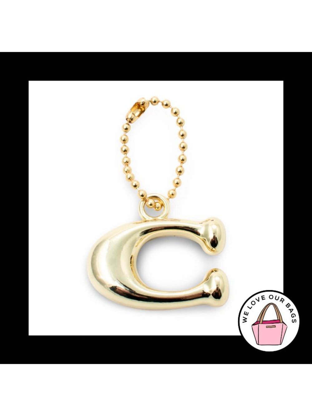 New COACH PUFFY 3D Hang Tag Bag Charm Gold Brass Metal C Ball Chain Keychain Fob